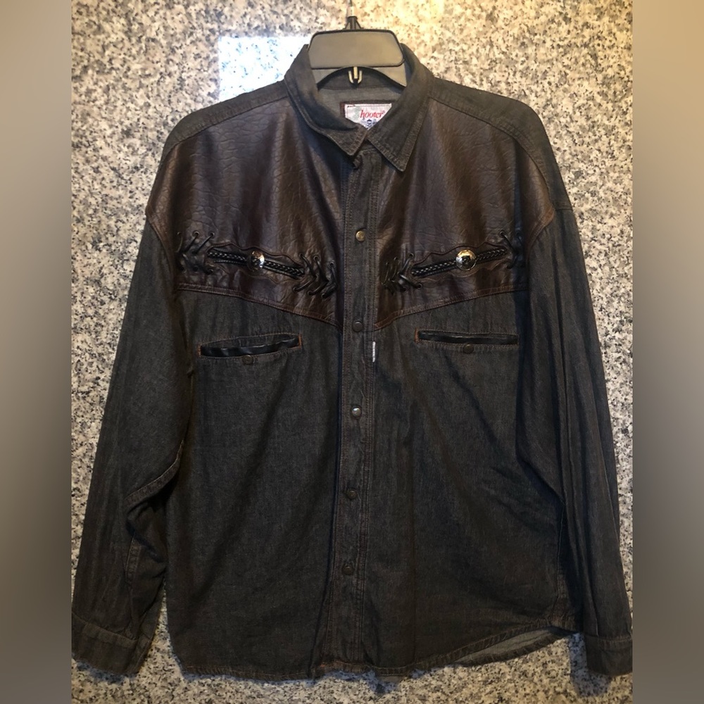 **Unique Vintage Men's Button-Up Denim Shirt with Leather Detailing**